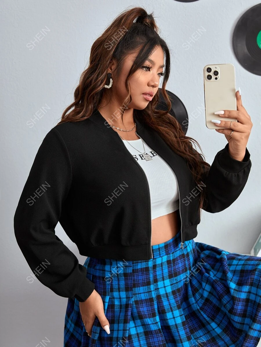 SHEIN EZwear Cazadora tipo bomber con cremallera - Negro - Ver 1