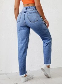 SHEIN EZwear Quần jean nữ Túi Bị tách Dây kéo màu trơn - Rửa nhẹ - Xem 2