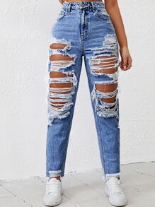 SHEIN EZwear Quần jean nữ Túi Bị tách Dây kéo màu trơn - Rửa nhẹ - Xem 3