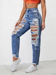 SHEIN EZwear Quần jean nữ Túi Bị tách Dây kéo màu trơn - Rửa nhẹ - Xem 4