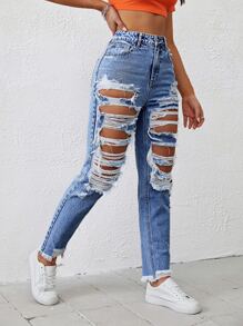 SHEIN EZwear Quần jean nữ Túi Bị tách Dây kéo màu trơn - Rửa nhẹ - Xem 5