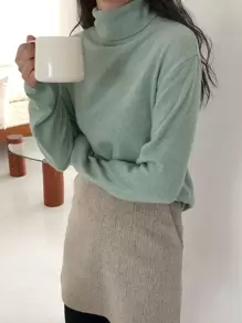 DAZY Turtleneck Drop Shoulder Sweater - Green - View 1