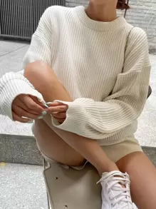 DAZY 落肩罗纹针织毛衣（不含T恤）秋装 - 米色 - 查看 2