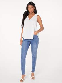 SHEIN Essnce V領素色上衣 - 白色 - 查看 6