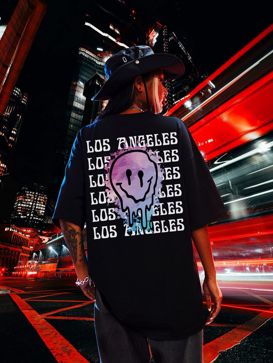 Cartoon & Slogan Graphic Drop Shoulder Tee - Black - View 1