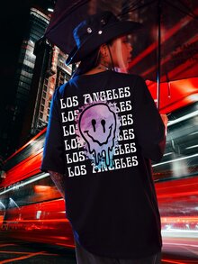 Cartoon & Slogan Graphic Drop Shoulder Tee - Black - View 3