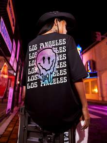 Cartoon & Slogan Graphic Drop Shoulder Tee - Black - View 4