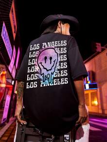 Cartoon & Slogan Graphic Drop Shoulder Tee - Black - View 5