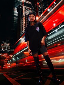 Cartoon & Slogan Graphic Drop Shoulder Tee - Black - View 6