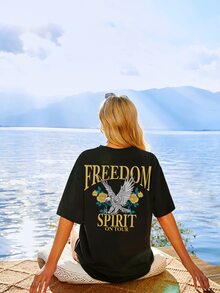 Letter & Floral Print Drop Shoulder Tee - Black - View 1