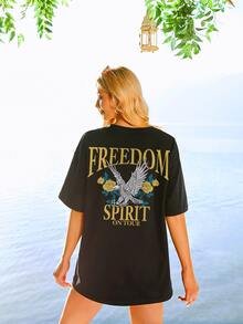 Letter & Floral Print Drop Shoulder Tee - Black - View 3
