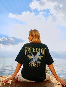 Letter & Floral Print Drop Shoulder Tee - Black - View 4