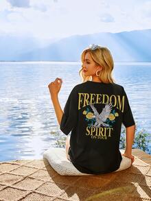 Letter & Floral Print Drop Shoulder Tee - Black - View 6