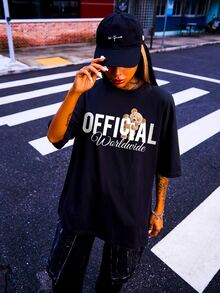 Bear & Letter Graphic Drop Shoulder Tee - Black - View 1