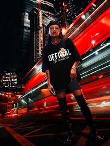 Bear & Letter Graphic Drop Shoulder Tee - Black - View 3