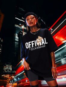Bear & Letter Graphic Drop Shoulder Tee - Black - View 4