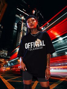 Bear & Letter Graphic Drop Shoulder Tee - Black - View 5