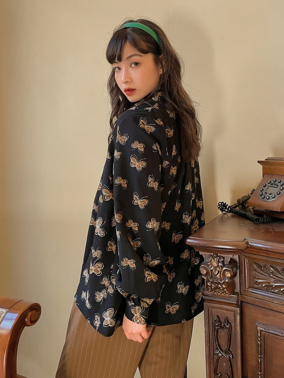 Allover Butterfly Print Button Front Shirt Long Sleeve Women Graphic Tee