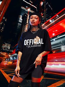 Bear & Letter Graphic Drop Shoulder Tee - Black - View 6