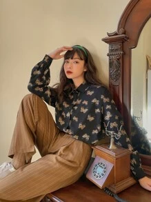 DAZY Áo sơ mi tay dài in hình bướm cài nút phía trước dành cho nữ - màu đen - Xem 4