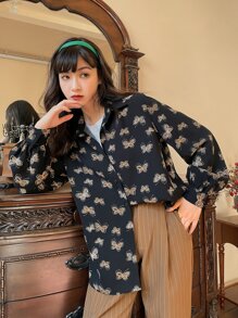 DAZY Áo sơ mi tay dài in hình bướm cài nút phía trước dành cho nữ - màu đen - Xem 6