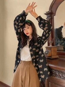 DAZY Áo sơ mi tay dài in hình bướm cài nút phía trước dành cho nữ - màu đen - Xem 7