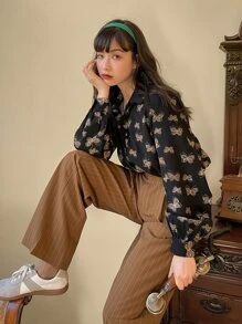 DAZY Áo sơ mi tay dài in hình bướm cài nút phía trước dành cho nữ - màu đen - Xem 8