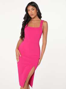 SHEIN BAE 開衩及膝緊身連衣裙 - 玫紅色 - 查看 1