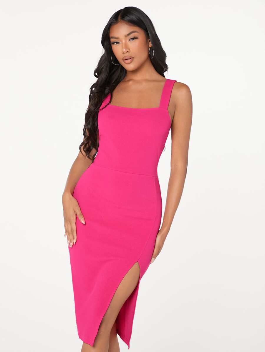 SHEIN BAE 開衩及膝緊身連衣裙 - 玫紅色 - 查看 1