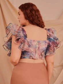 SHEIN Privé 大碼人像圖案荷葉邊襯衫 - 彩色 - 查看 2