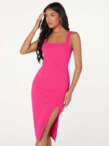 SHEIN BAE 開衩及膝緊身連衣裙 - 玫紅色 - 查看 4