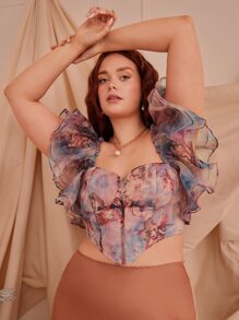 SHEIN Privé 大碼人像圖案荷葉邊襯衫 - 彩色 - 查看 3