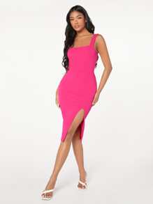SHEIN BAE 開衩及膝緊身連衣裙 - 玫紅色 - 查看 6
