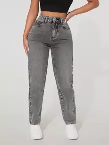 SHEIN Tall 女式口袋直筒宽松休闲百搭牛仔裤 - 淺灰色 - 查看 4