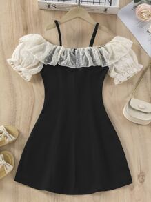 SHEIN Girls Cold Shoulder Swiss Dot Ruffle Trim Puff Sleeve Dress - Black - View 2