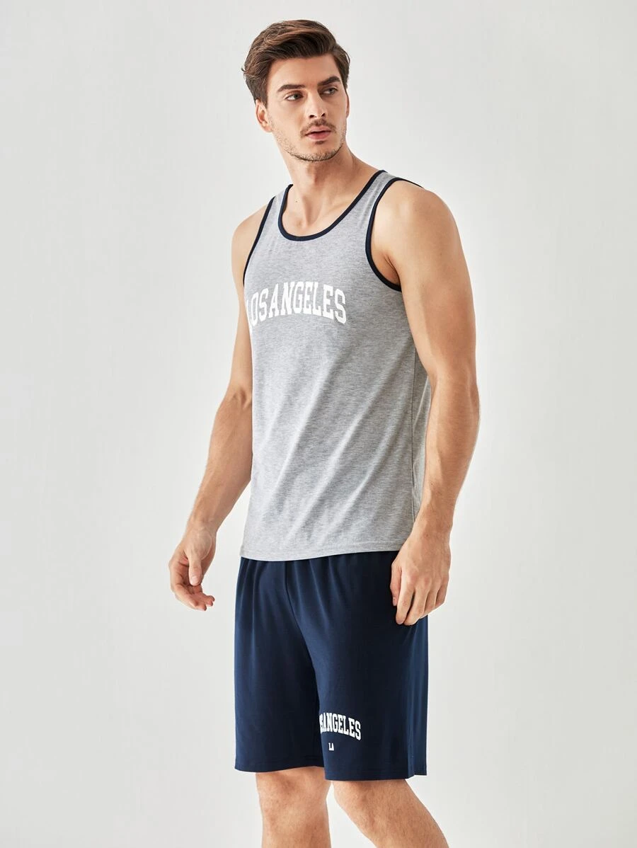 Men Letter Graphic Contrast Binding PJ Set / Pajama Set - Multicolor - View 1