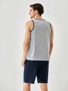 Men Letter Graphic Contrast Binding PJ Set / Pajama Set - Multicolor - View 2