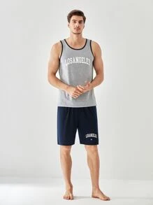 Men Letter Graphic Contrast Binding PJ Set / Pajama Set - Multicolor - View 3