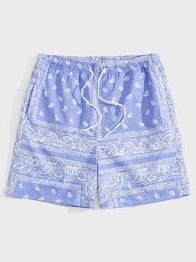 GENTILAND Men Drawstring Waist Paisley Print Shorts - Blue - View 1