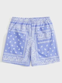 GENTILAND Men Drawstring Waist Paisley Print Shorts - Blue - View 2