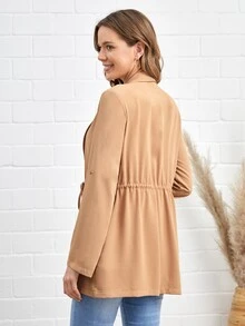 SHEIN LUNE Roll Tab Sleeve Drawstring Waist Open Front Blazer - Khaki - View 3