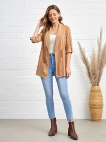 SHEIN LUNE Roll Tab Sleeve Drawstring Waist Open Front Blazer - Khaki - View 4