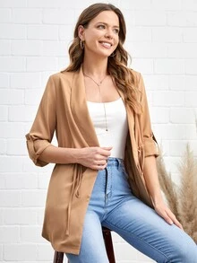 SHEIN LUNE Roll Tab Sleeve Drawstring Waist Open Front Blazer - Khaki - View 2