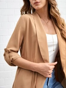 SHEIN LUNE Roll Tab Sleeve Drawstring Waist Open Front Blazer - Khaki - View 5