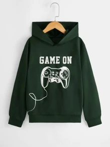 SHEIN 男孩標語和卡通圖案連帽領運動衫