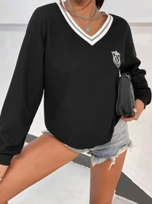 SHEIN Unity Áo nỉ Huy hiệu Chi tiết được vá Thả vai - màu đen - Xem 3