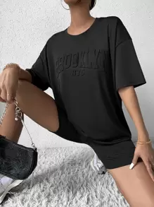 Chiquease Letter Textured Drop Shoulder Tee & Biker Shorts - Black - View 5