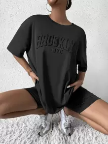 Chiquease Letter Textured Drop Shoulder Tee & Biker Shorts - Black - View 6