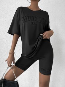 Chiquease Letter Textured Drop Shoulder Tee & Biker Shorts - Black - View 7