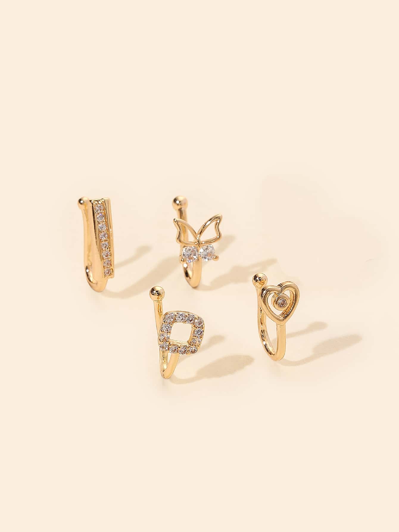 4pcs/Set Copper, Cubic Zirconia & Heart Decor Nose Ring For Women And Men, Punk Piercing, A Fashionable Body Jewelry Gift For Any Occasion Valentines,Mom,Mother,Mother's Day,Gift